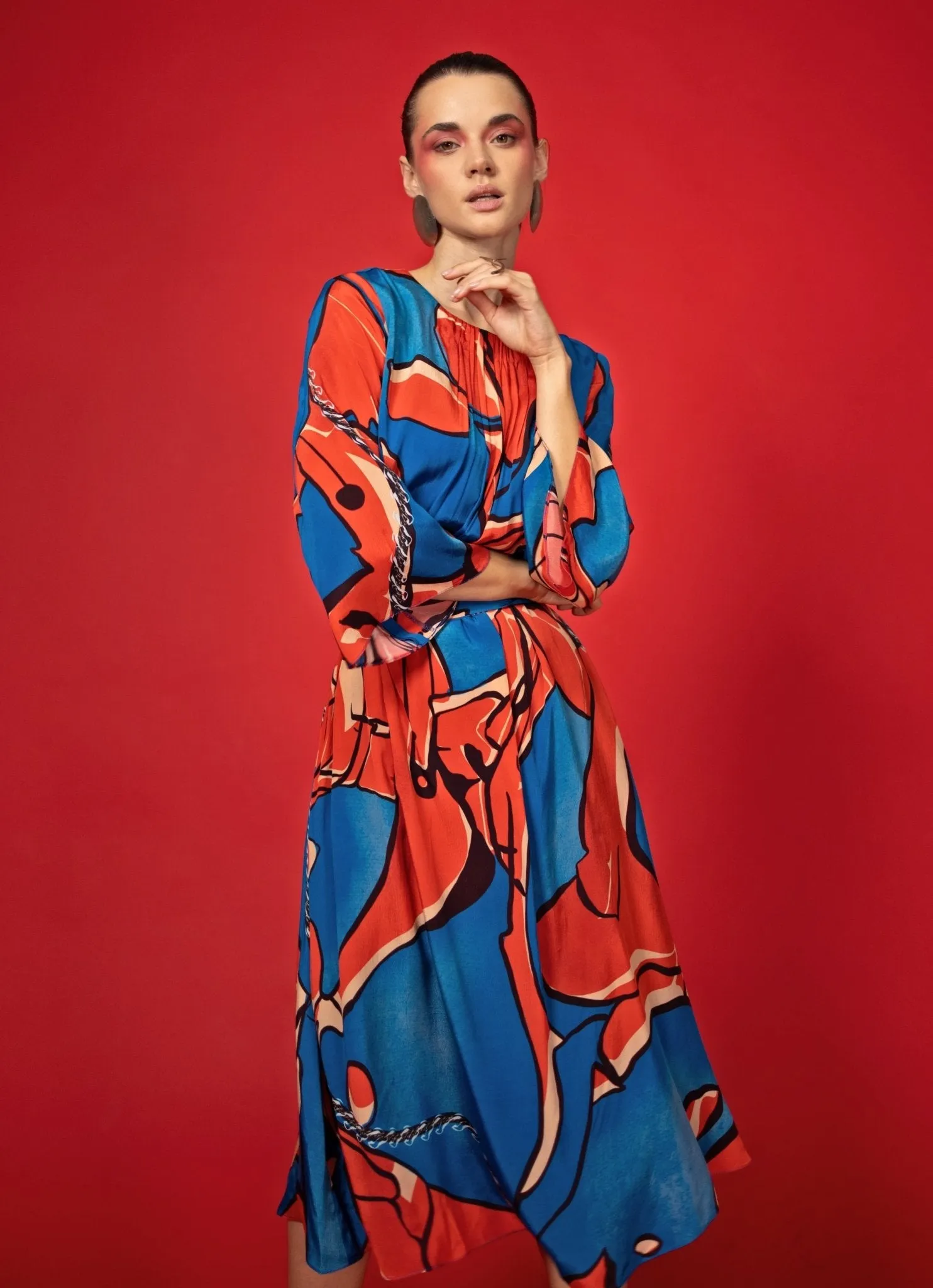 Blue And Red Abstract Printed Maxi Dress