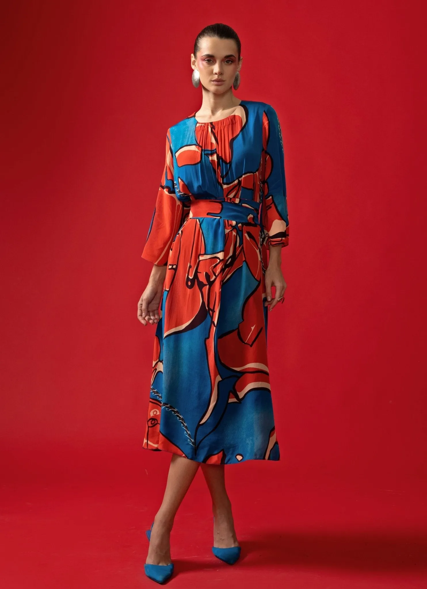 Blue And Red Abstract Printed Maxi Dress