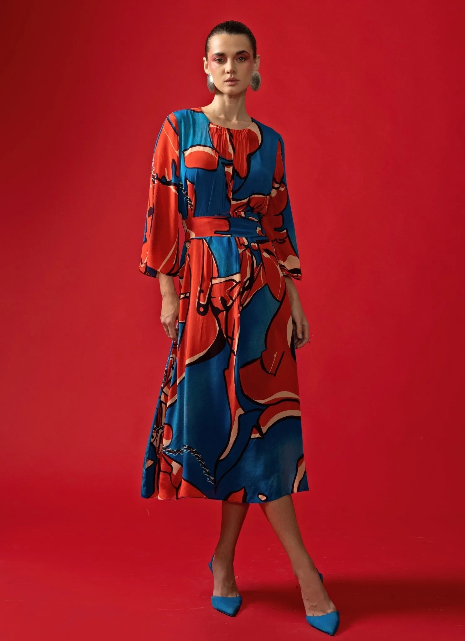 Blue And Red Abstract Printed Maxi Dress