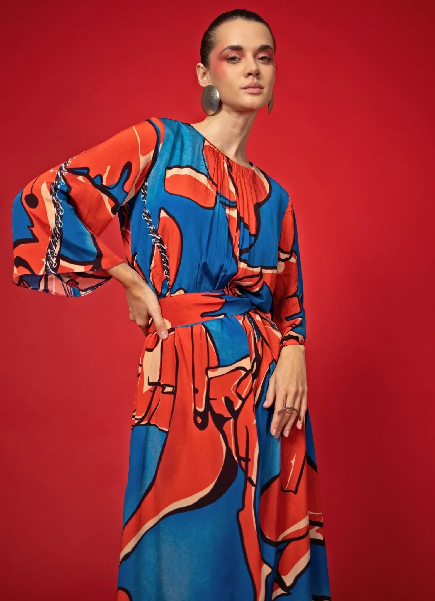 Blue And Red Abstract Printed Maxi Dress