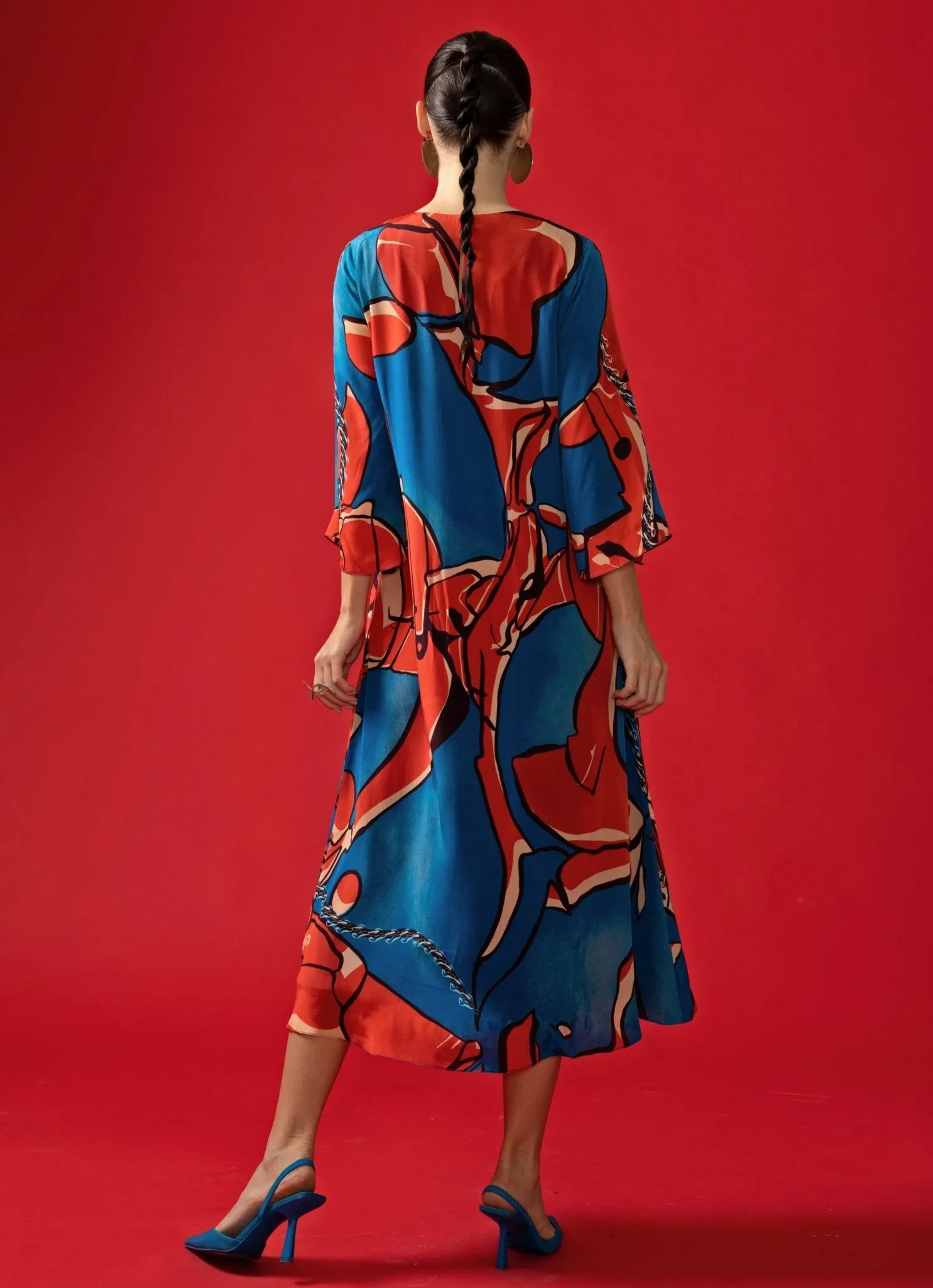 Blue And Red Abstract Printed Maxi Dress