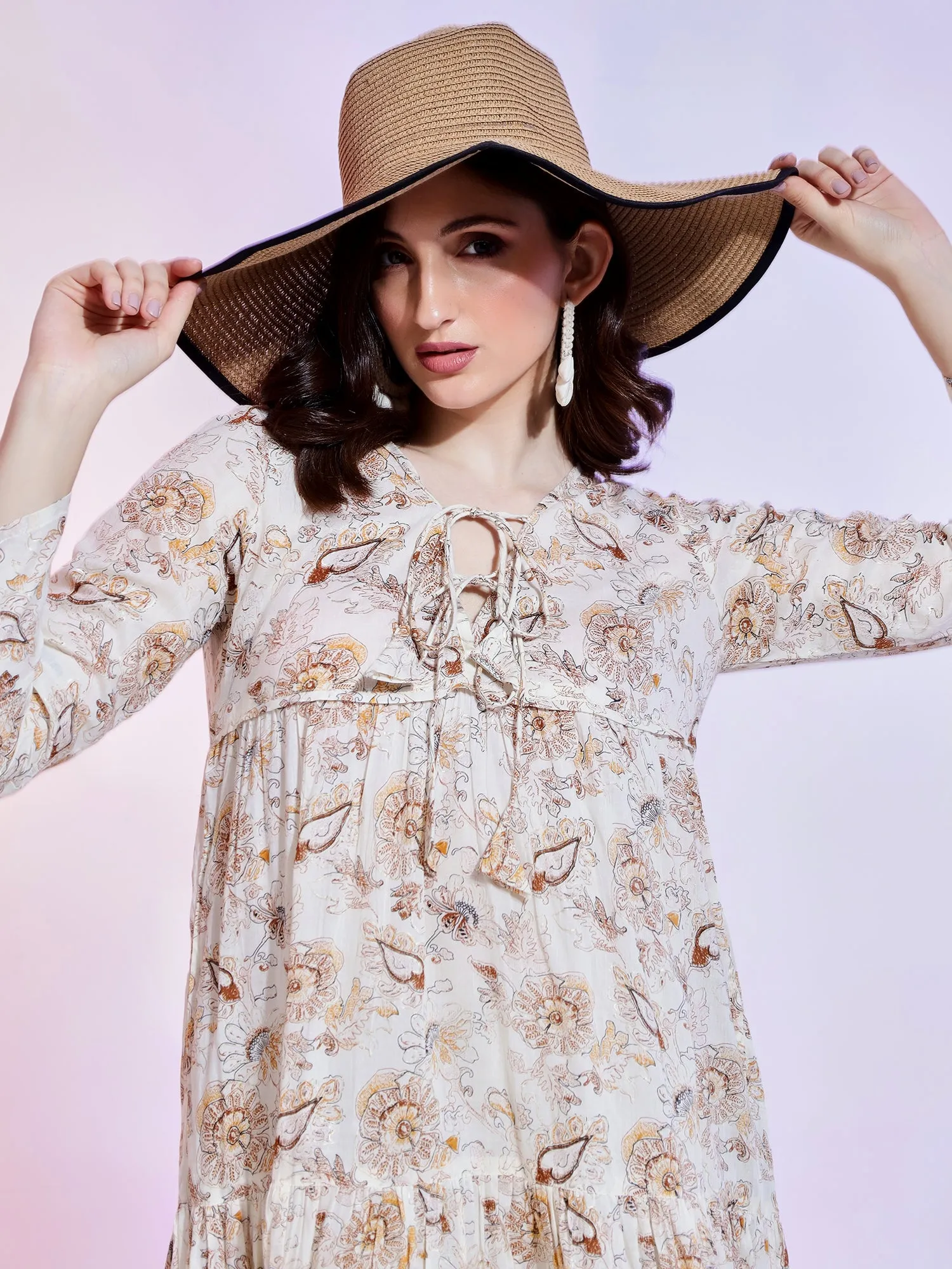 Boho Creamy Floral Maxi Dress with Tie Neck and Long Sleeves