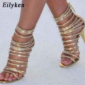 Eilyken Gold Bling Crystal Sexy Sandals High Heels Strappy Gladiator Women Sandal Stiletto Wedding Sandalias De Mujer