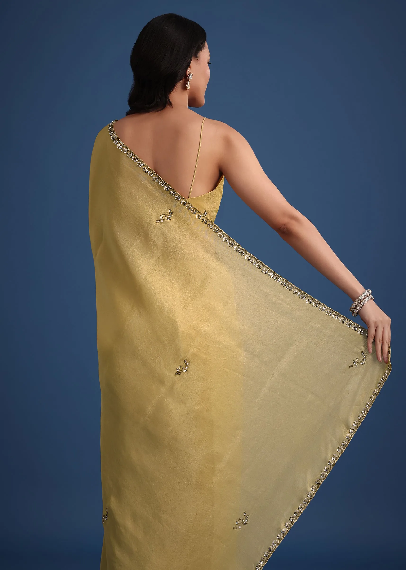 Gold Tissue Saree With Cutdana Embellished Border