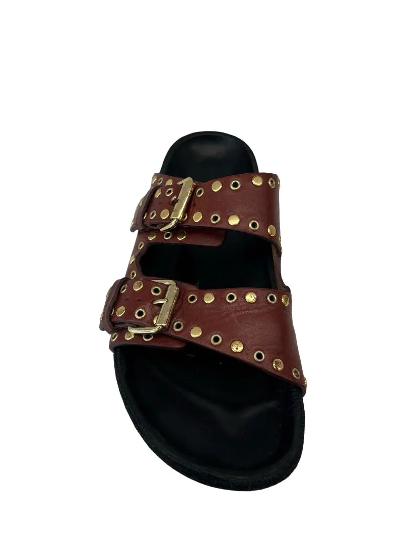 Isabel Marant Brown Lenny Leather Buckle Flat Sandals. Size: 41