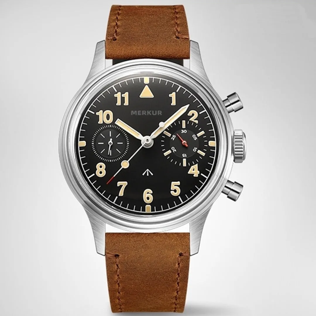 MERKUR Chronograph Mechanical Big Eye Leather Grey