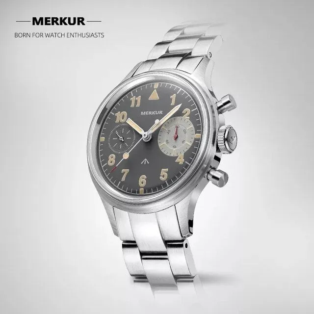 MERKUR Chronograph Mechanical Big Eye Leather Grey