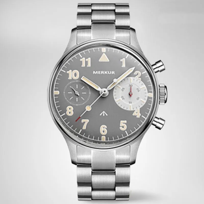 MERKUR Chronograph Mechanical Big Eye Leather Grey