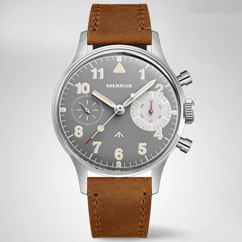 MERKUR Chronograph Mechanical Big Eye Leather Grey