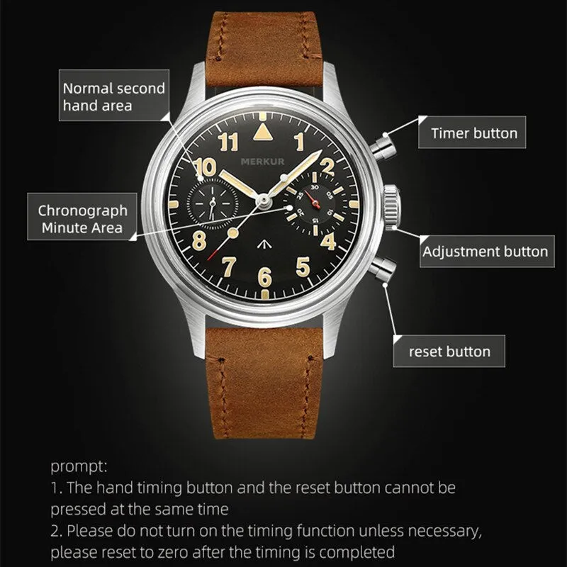 MERKUR Chronograph Mechanical Big Eye Leather Grey
