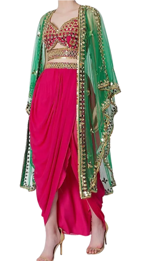 Pink & Green Mirrored Dhoti Set