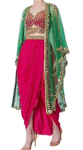 Pink & Green Mirrored Dhoti Set