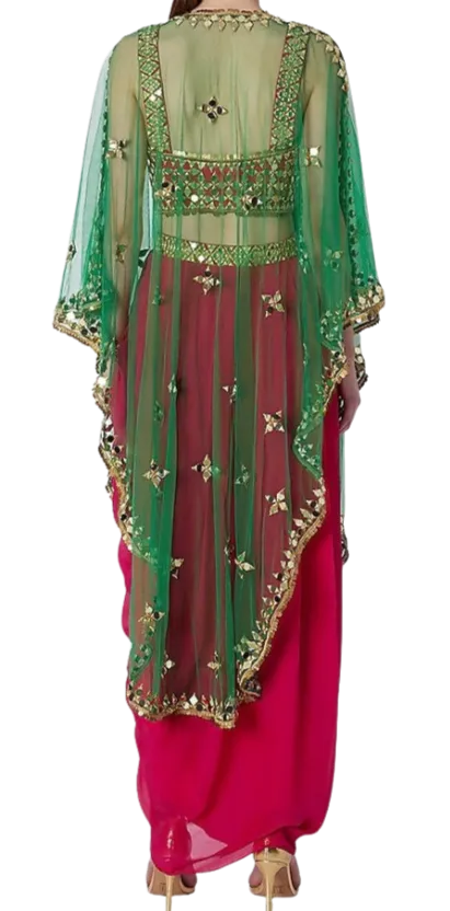 Pink & Green Mirrored Dhoti Set