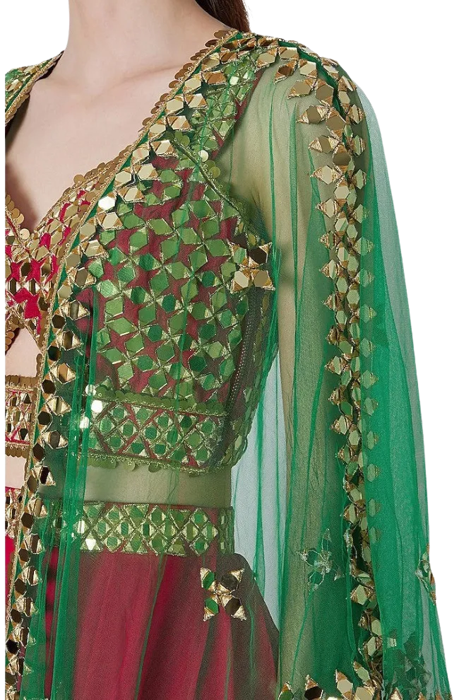 Pink & Green Mirrored Dhoti Set