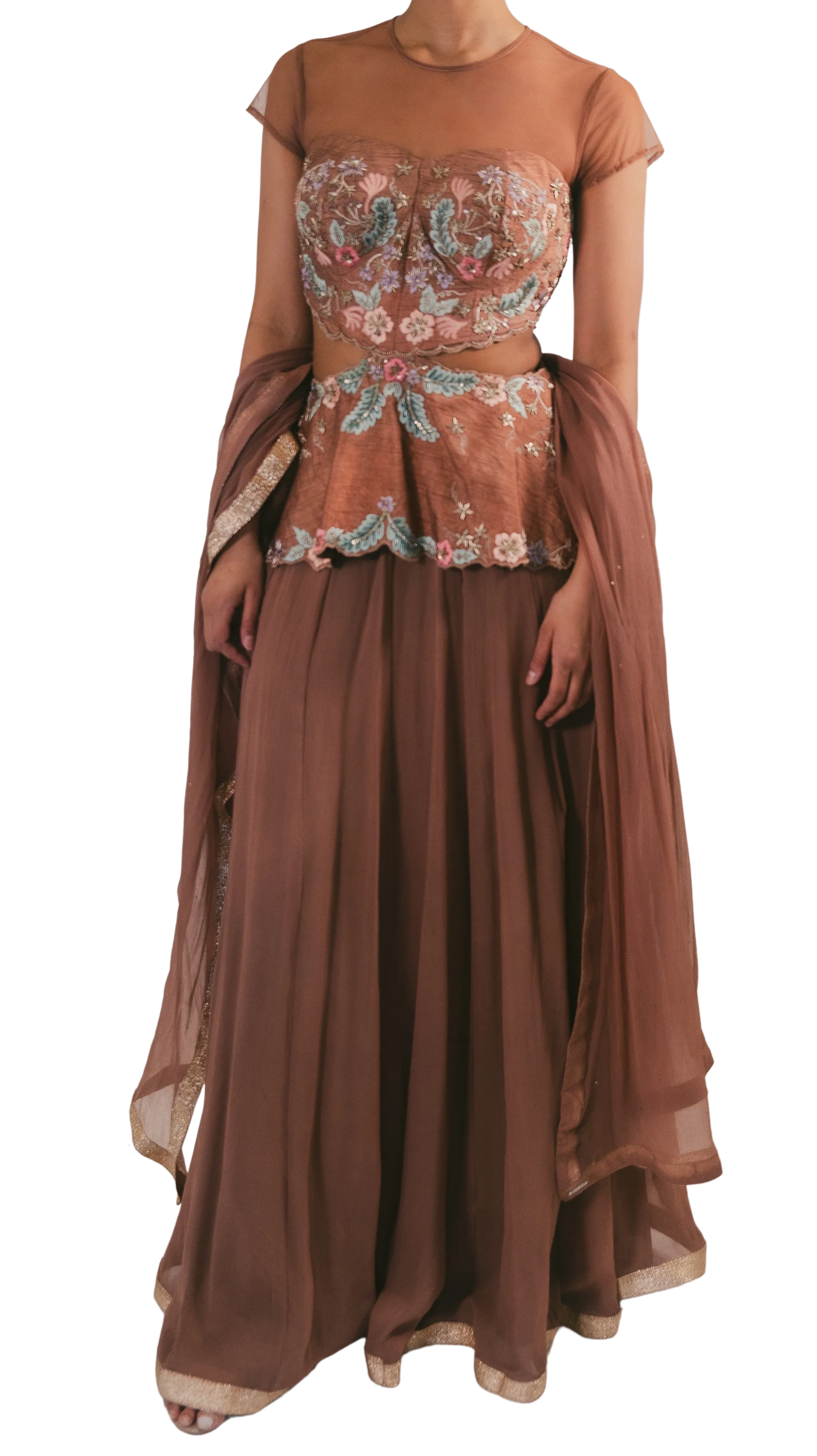 SAMPLE SALE: Peplum Blouse with Floral Embroidery Lehenga