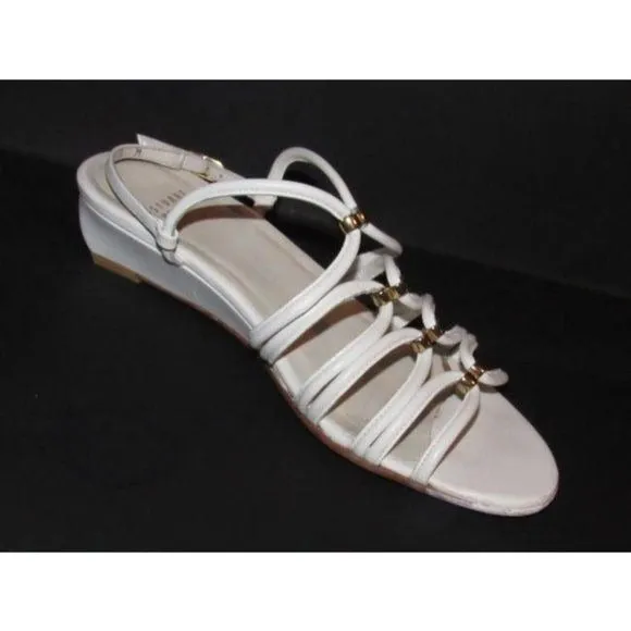 Stuart Weitzman White Leather Gold Accent Wedge Sandals