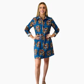 The Cullen Button Front Shirt Dress in Royal blue Twinning Tiger Cotton