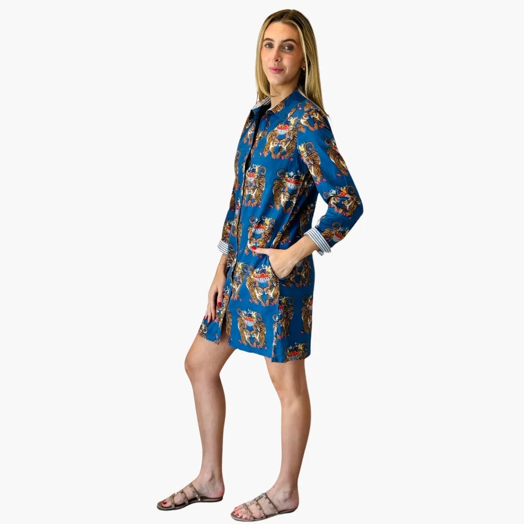 The Cullen Button Front Shirt Dress in Royal blue Twinning Tiger Cotton