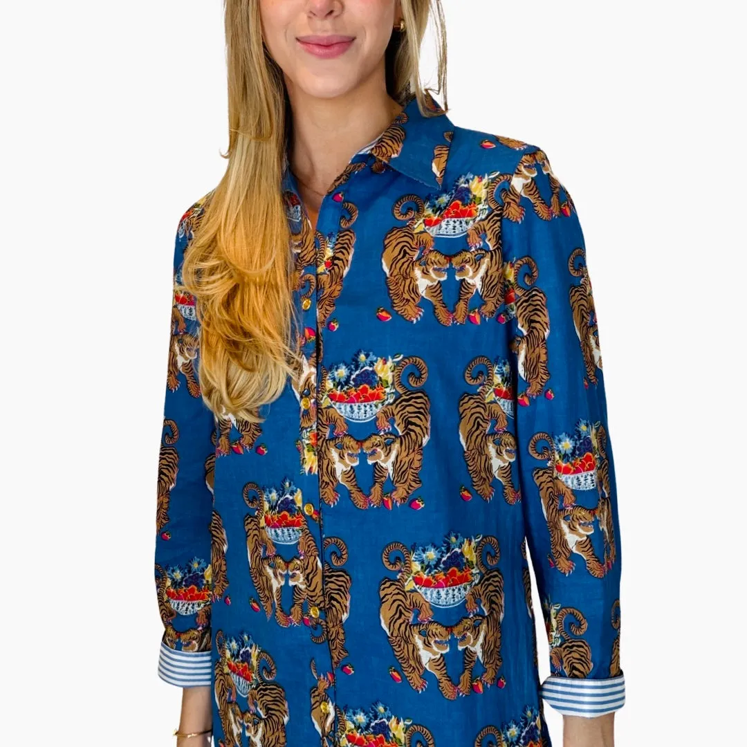 The Cullen Button Front Shirt Dress in Royal blue Twinning Tiger Cotton