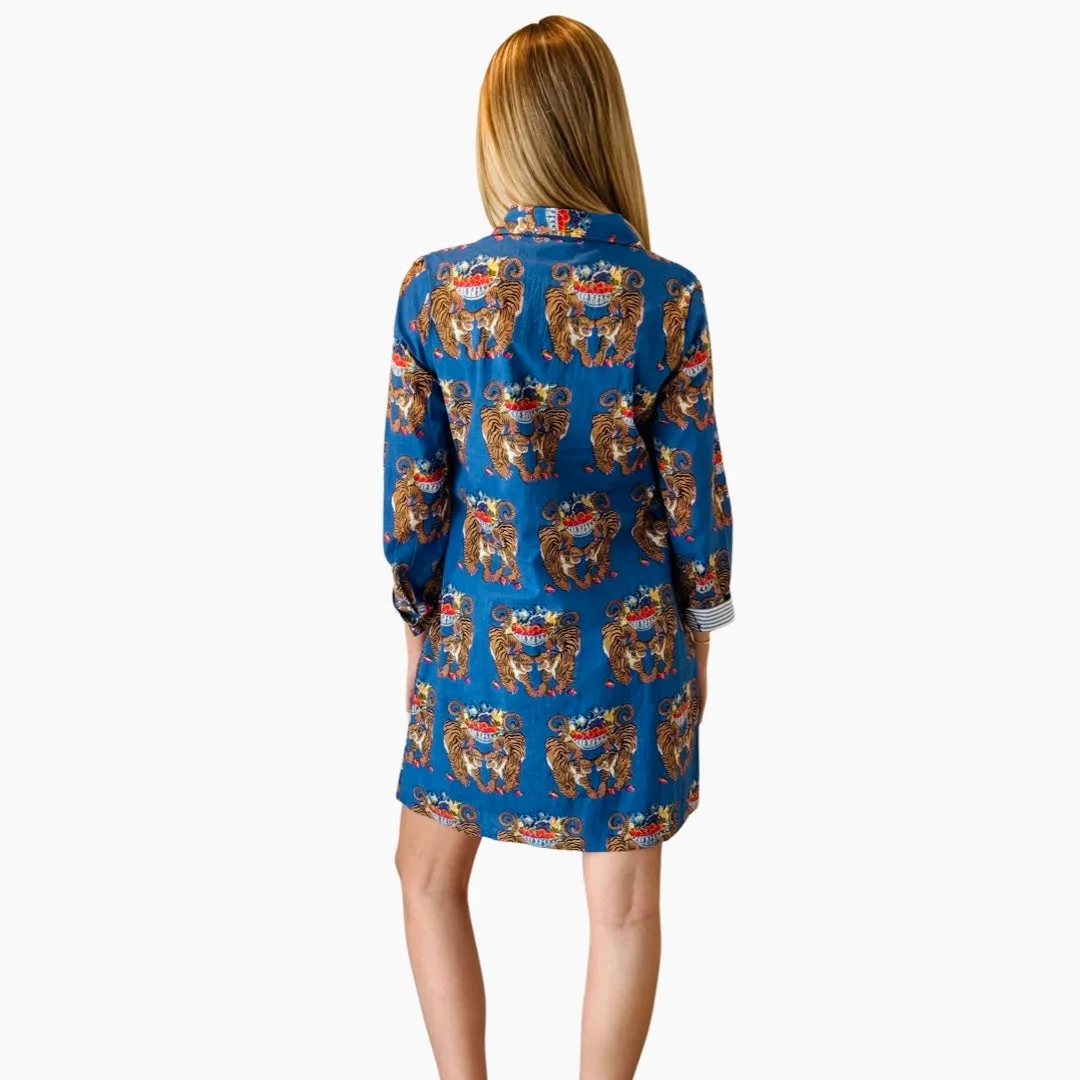 The Cullen Button Front Shirt Dress in Royal blue Twinning Tiger Cotton