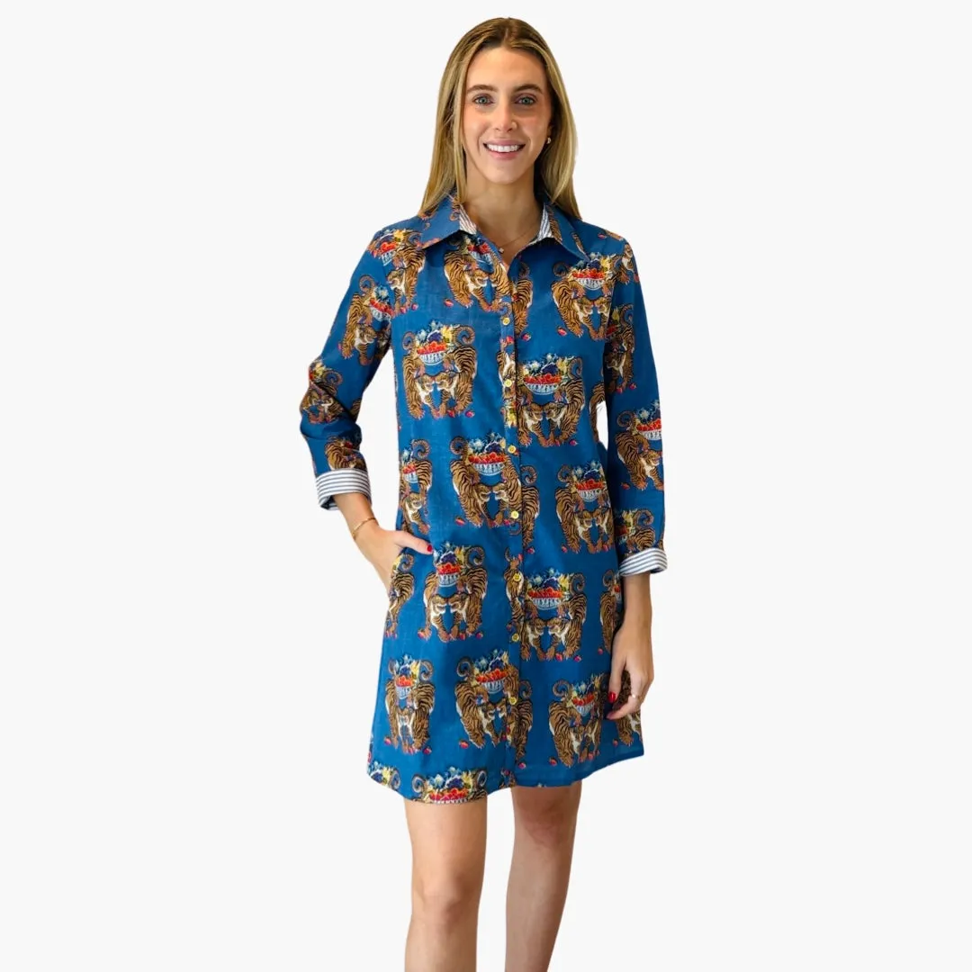 The Cullen Button Front Shirt Dress in Royal blue Twinning Tiger Cotton
