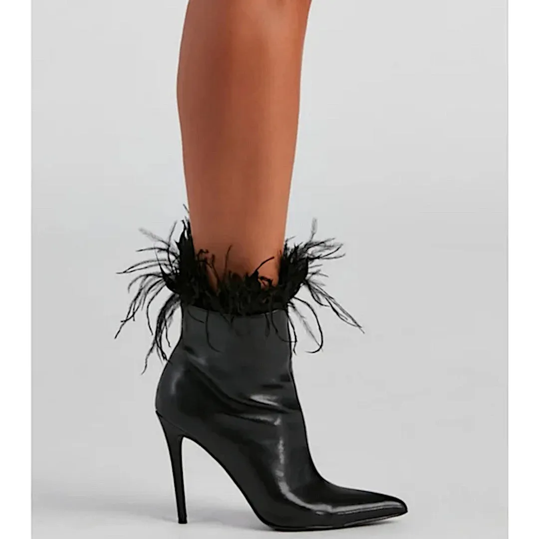 Windsor Midnight Black Stiletto Booties with Marabou Trim