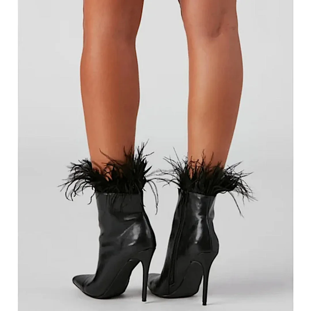 Windsor Midnight Black Stiletto Booties with Marabou Trim