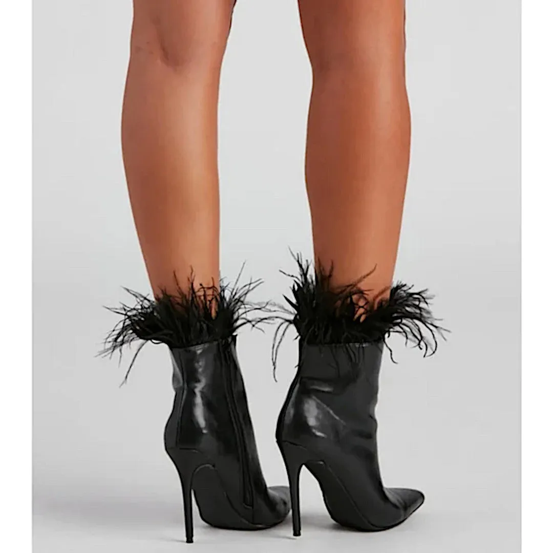 Windsor Midnight Black Stiletto Booties with Marabou Trim
