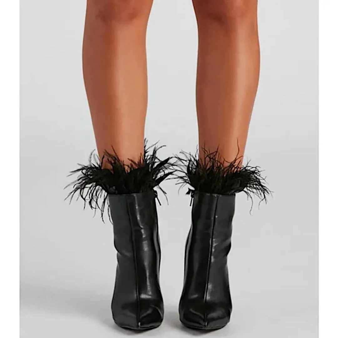 Windsor Midnight Black Stiletto Booties with Marabou Trim