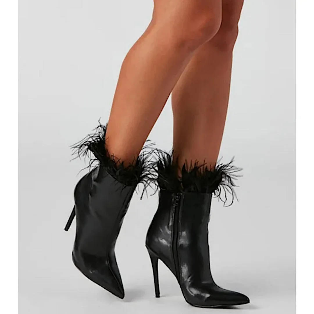 Windsor Midnight Black Stiletto Booties with Marabou Trim