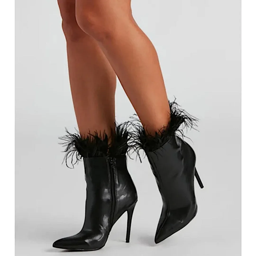 Windsor Midnight Black Stiletto Booties with Marabou Trim