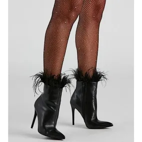 Windsor Midnight Black Stiletto Booties with Marabou Trim