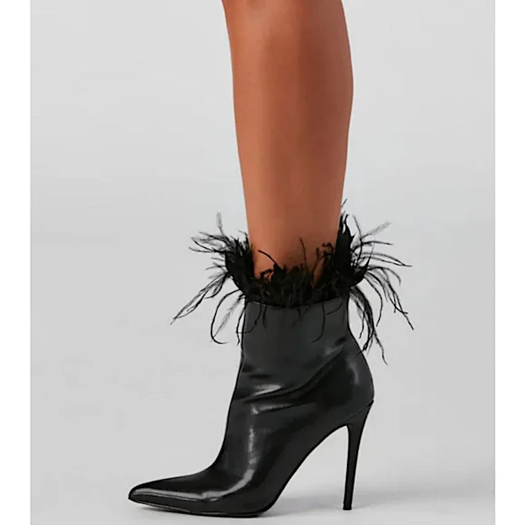 Windsor Midnight Black Stiletto Booties with Marabou Trim